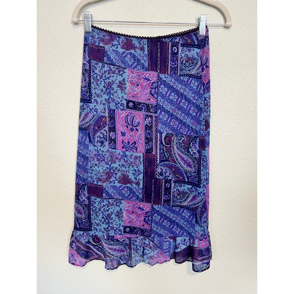 Vintage Y2K / Whimsigoth / Boho patchwork Paisley  mesh, ruffle hem skirt
